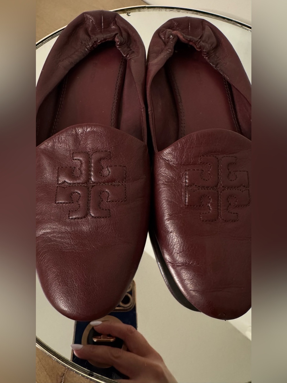 Tory Burch Burgundy Leather Logo Ballet Flats